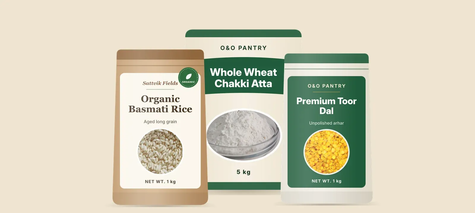 Organic rice, dal and atta packs